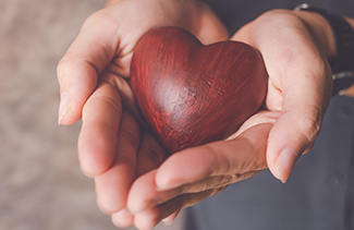 Female hands holding a red, wooden heart
