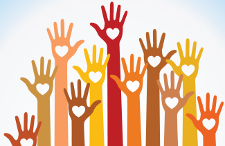 A drawing of diverse students hands in the air