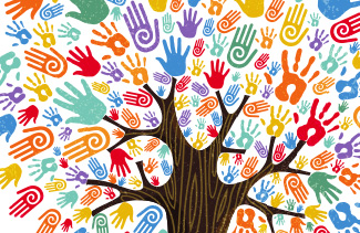 Drawing of a colorful tree with hands as leaves